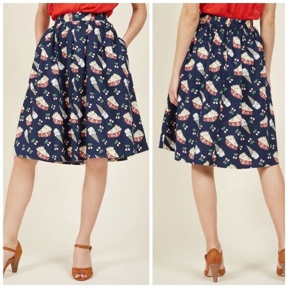 Modcloth Dresses & Skirts - ModCloth Sweet Spot Cherry Pie Navy A-Line Flare Skirt XXS